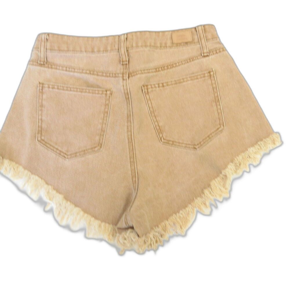 Simple Society Denim Shorts Hi Rise Frayed Hem Tan 7/28" Festival EUC - Picture 2 of 10